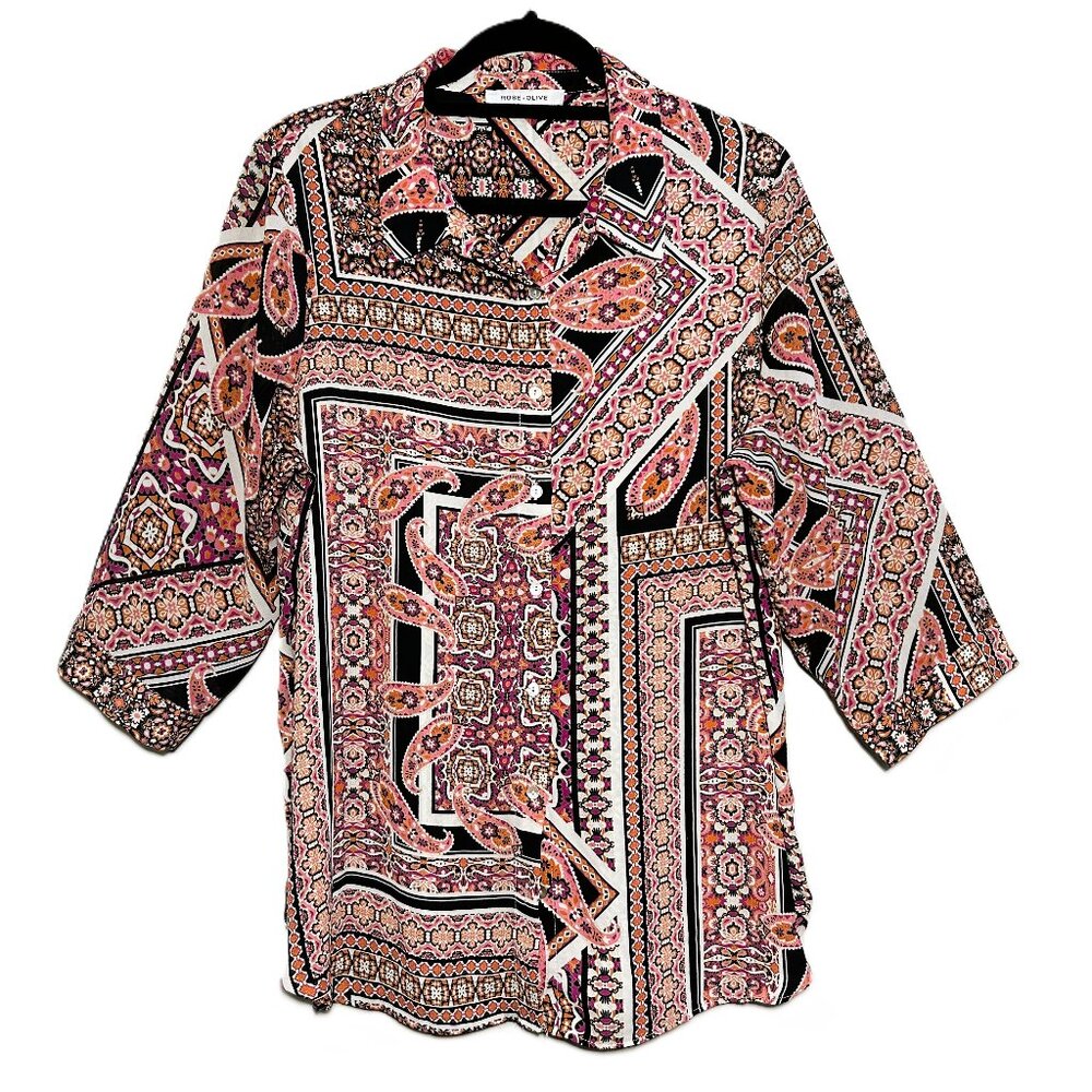 Rose +‎ Olive | Paisley Geometric Floral 3/4 sleeve blouse | SZ ???
